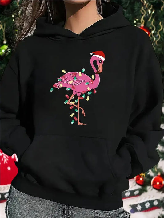 Women'S Christmas Flamingo Print Hoodie - Casual  Long Sleeve Hooded Sweatshirt With Kangaroo Pocket, Applique Detail, Knit Fabric, Hooded Collar For Spring Fall